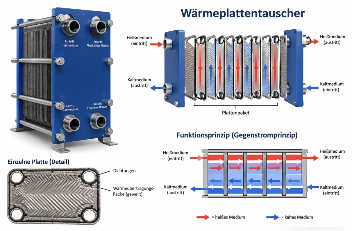 Grafik: Aufbau eines Plattenwärmetauschers mit Plattenpaket, Einzelplatte und Funktionsprinzip im Gegenstrom